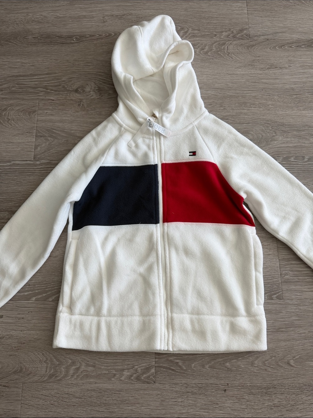 Tommy Hilfiger White Fleece Hoodie with Red & Navy Colorblock